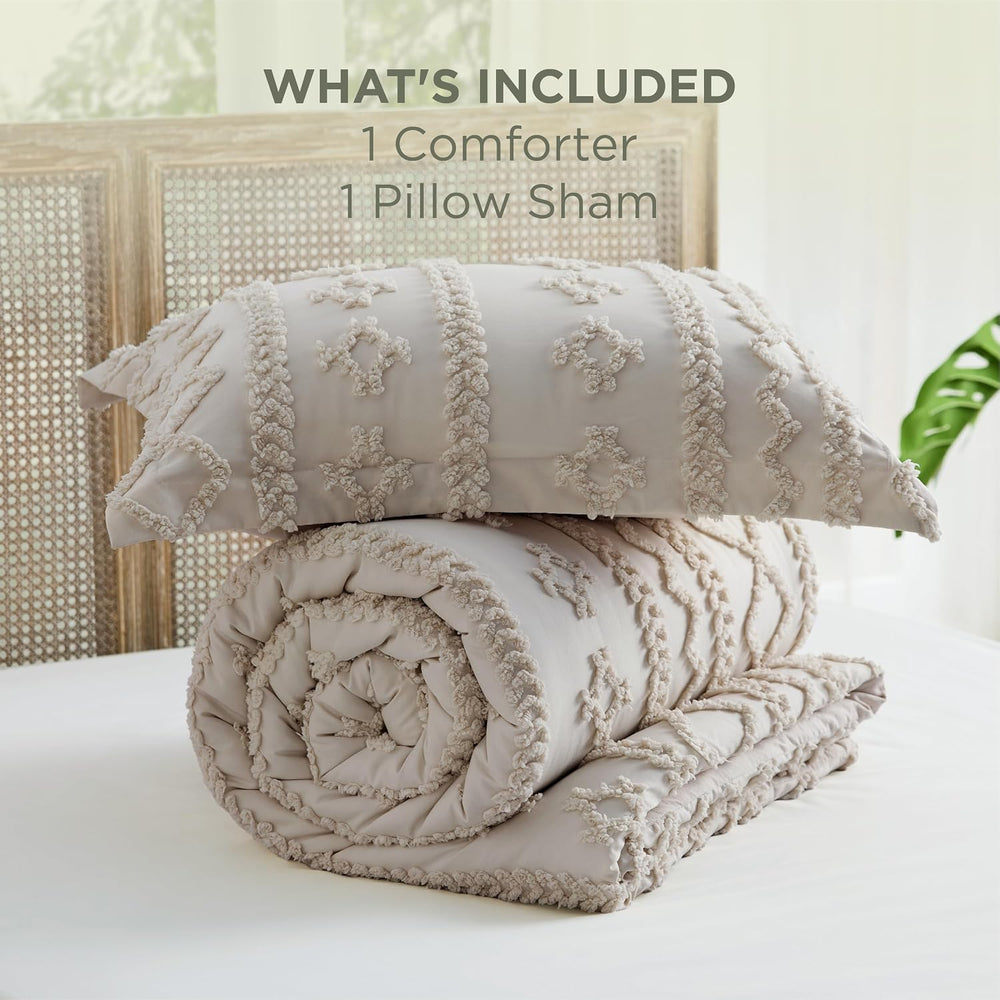 Bedsure Tufted Boho Comforter Set Twin, Bedroom Decor Bedding Set Linen