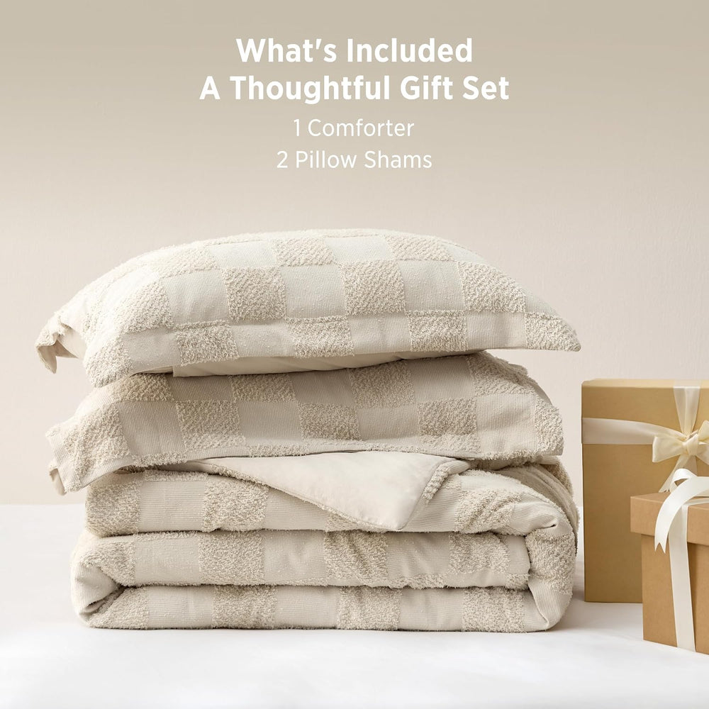 Bedsure Comforters Queen Set Boho, Vintage Plaid Bedding Set Beige 3 Pcs