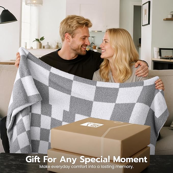 Joiedomi Throw Blanket for Couch, Light Grey Checkered Knitted Blankets Gifts - Image 8