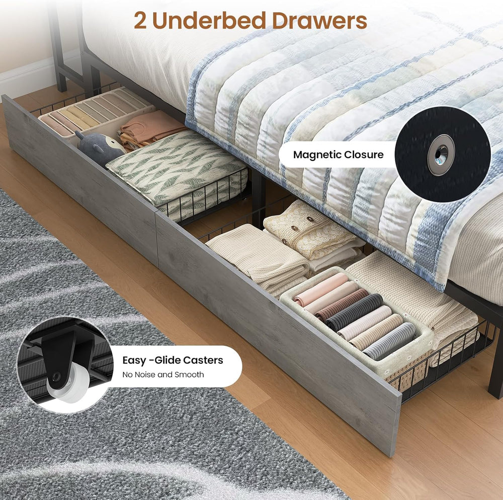 Hasuit Corner Bed Frame Queen with Storage Bookcase and Drawers, Queen Size D...