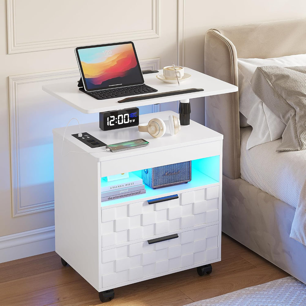 Lareth Rolling Nightstand with Wheels, LED Lights, Charging Station