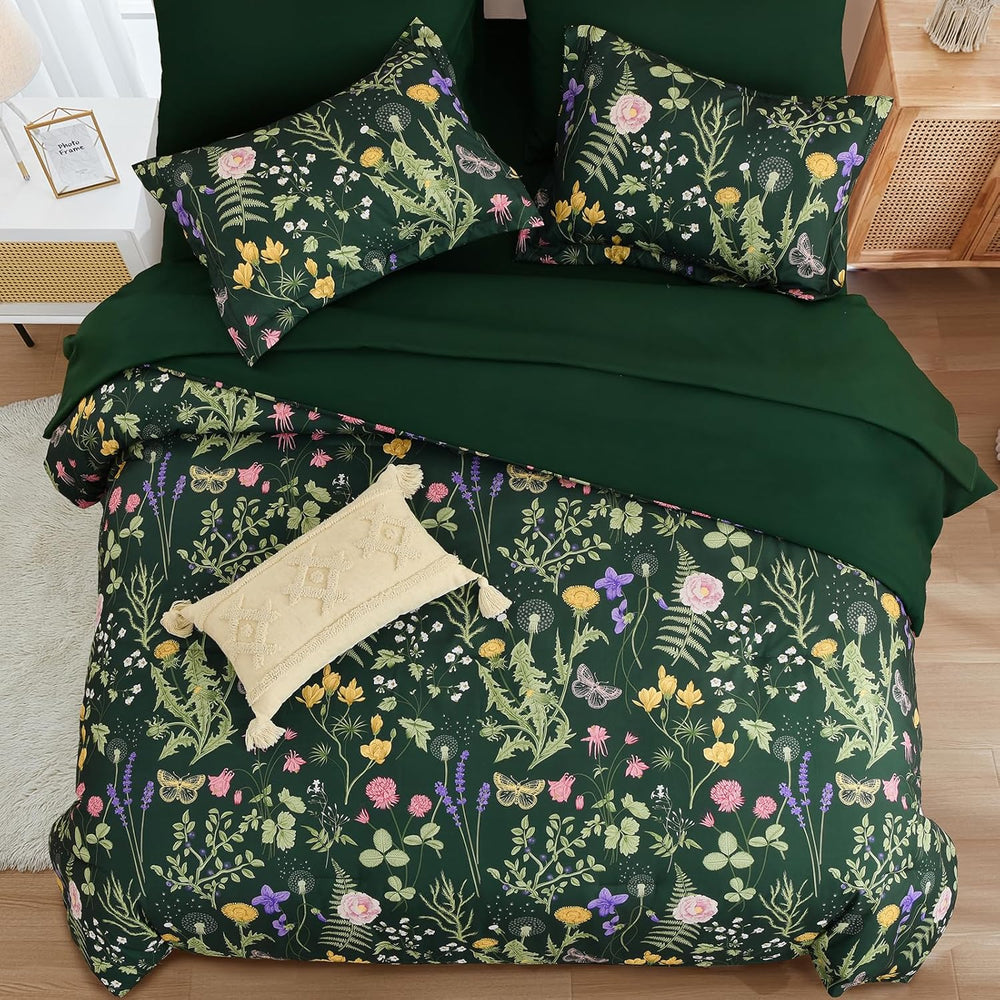 Yiran Queen Comforter Set 7 Piece, Dark Green Floral Bedding Bed in a Bag