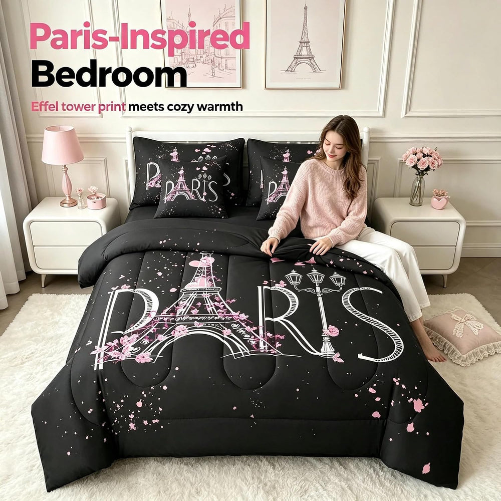 Feelyou Eiffel Tower 7 PCS Comforter Set with Sheets Chic Paris 7 Pieces Bed ...