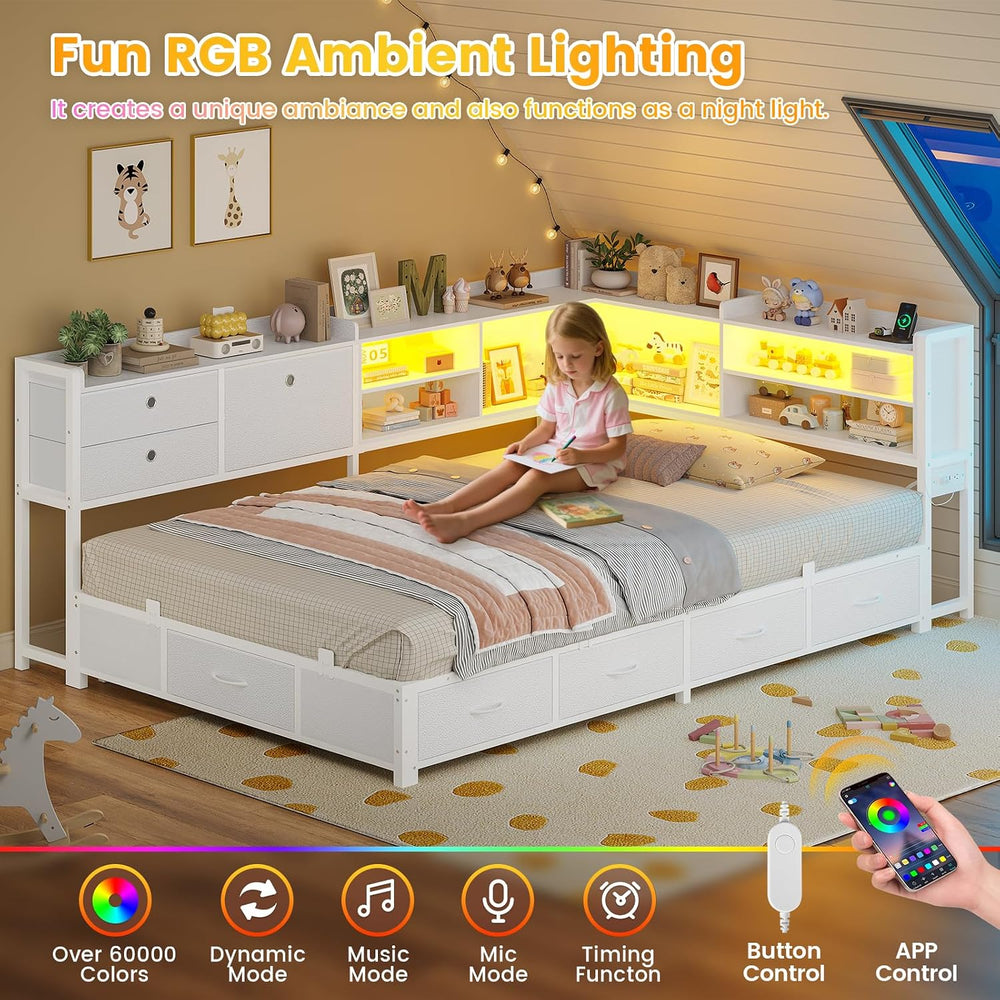BTHFST Corner Bed Frame with Charging Station & Led Lights, White