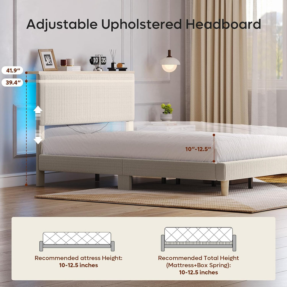 Bestier Full Bed Frame with Adjustable Headboard & LED, Upholstered, Beige