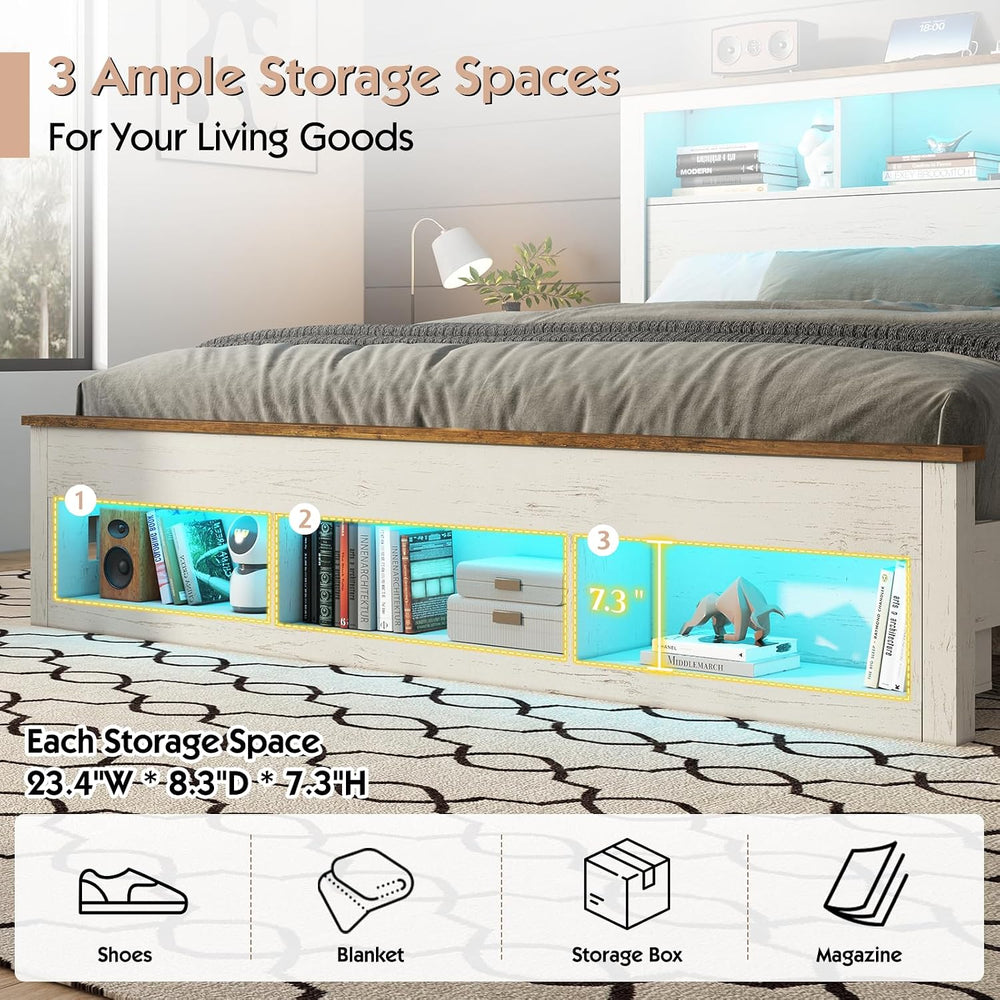 LUXOAK King Size Bed Frame with Storage Headboard and Footboard, White