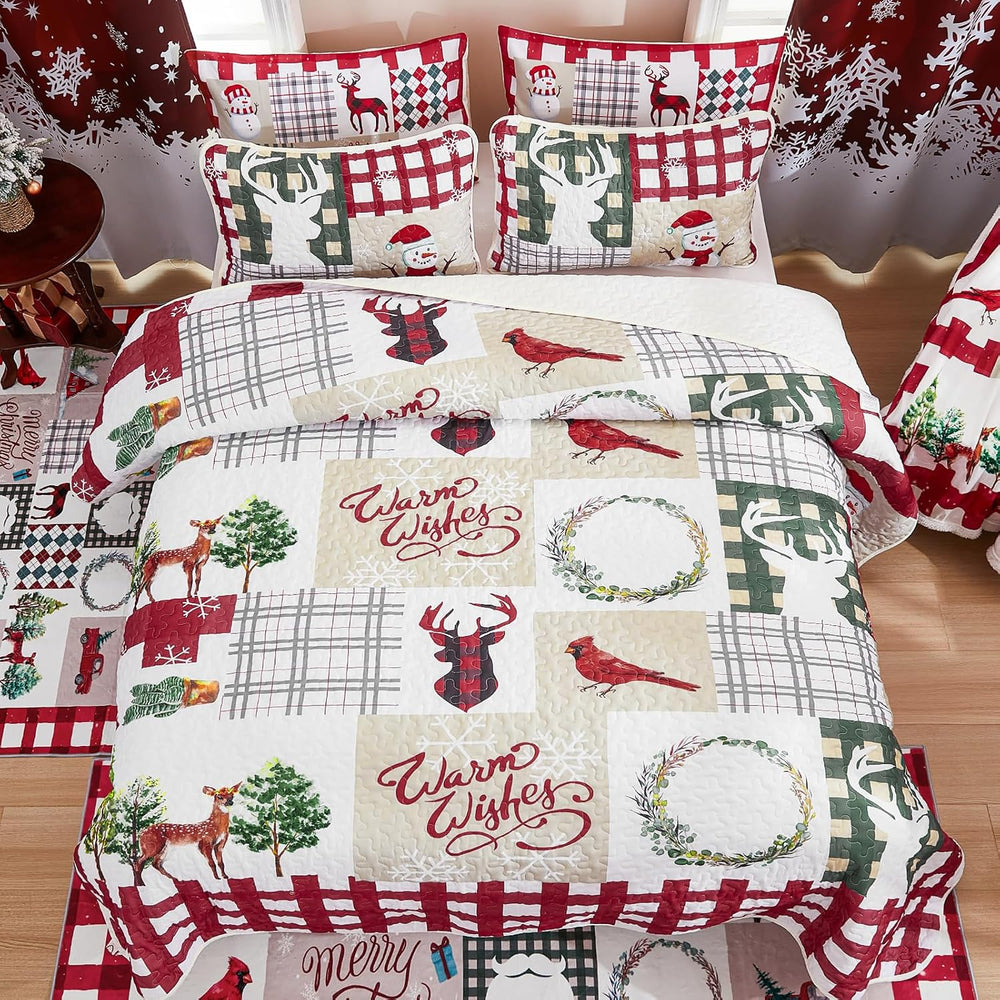 WONGS BEDDING Christmas Quilt Set Queen, Rustic Snowman Patchwork Bedding