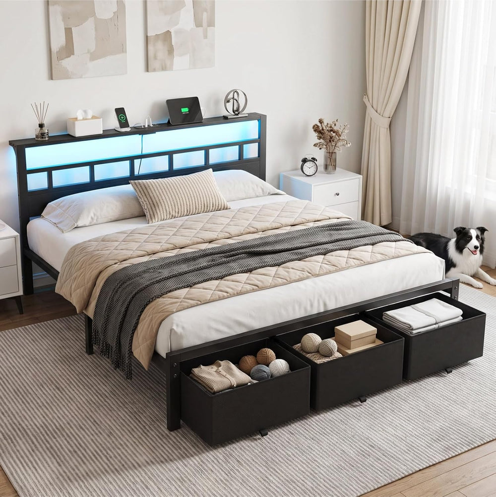 King Size Bed Frame with 3 Storage Drawers & Headboard