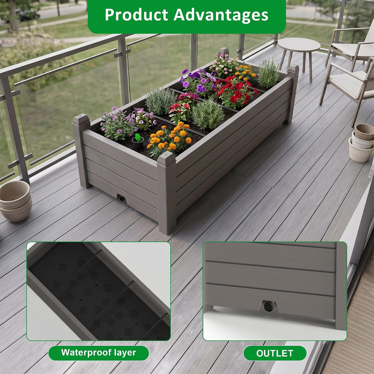 patiozen raised garden bed, self-watering resin planter box, package contents