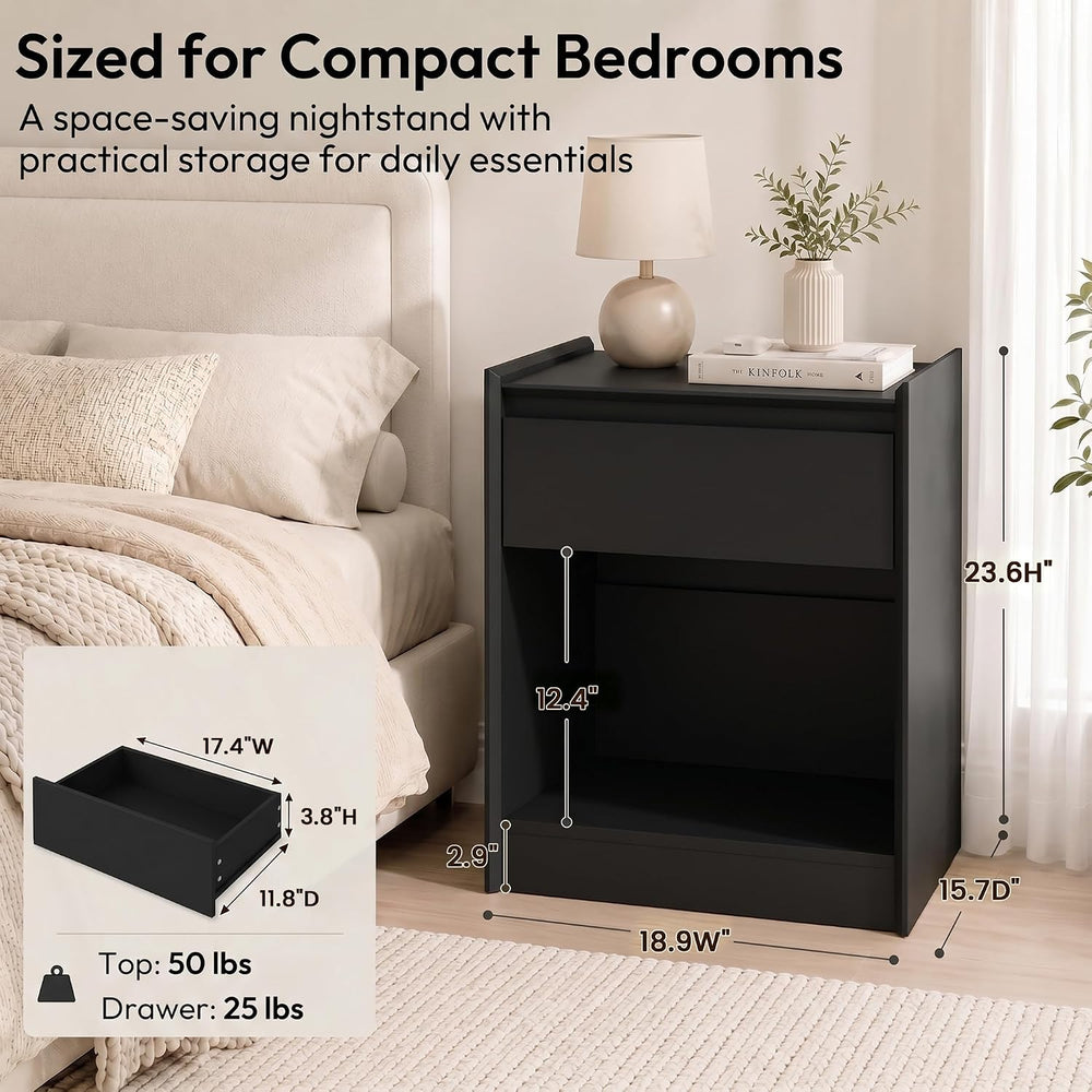 Black 24"H Nightstand, Drawer & Open Shelf, Small Bedside Table