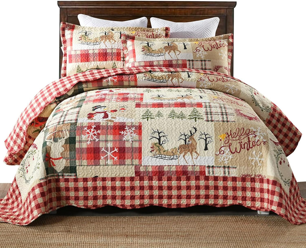 MarCielo Christmas Reindeer Plaid Quilt Set Red Patchwork Bedding Bedspread