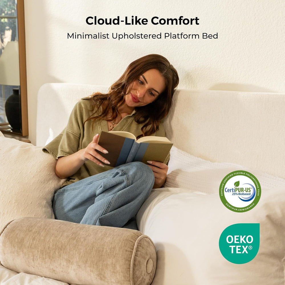 Full Size Cloud Bed Frame, White Upholstered Platform Bed Frame, Bed Base
