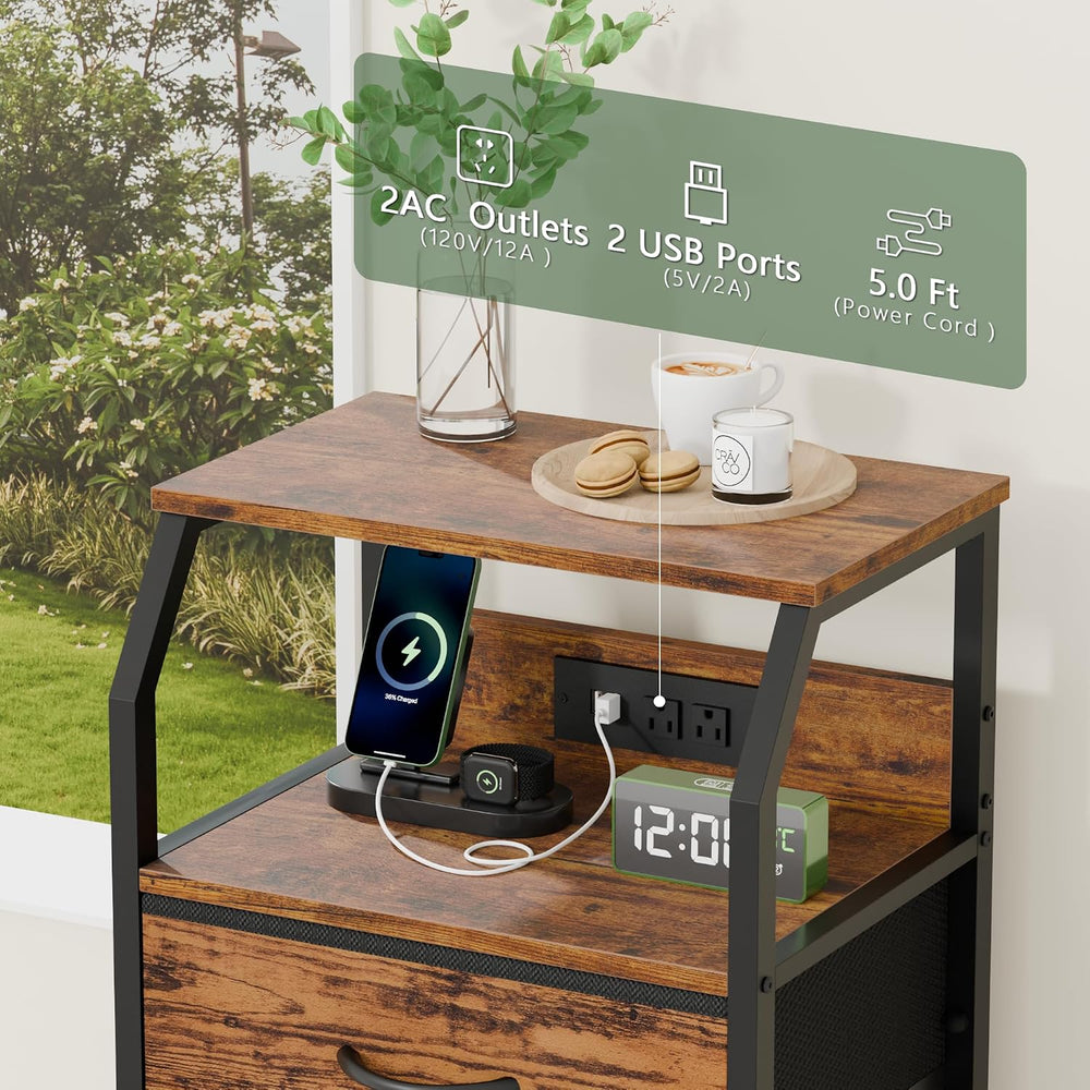 Furnulem Night Stand with Charging Station, 3 Fabric Drawers Bedside Table