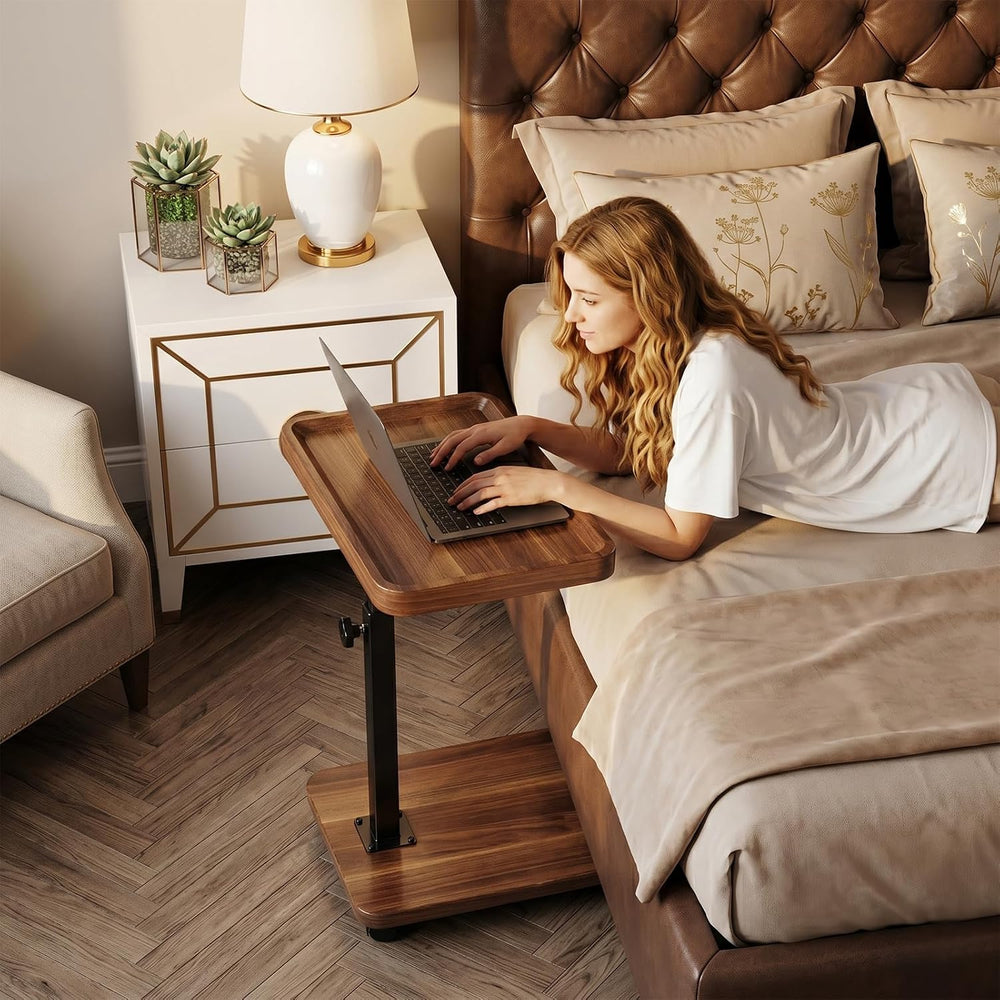 C Table with Wheels, Adjustable Height, 360° Swivel TV Tray Table