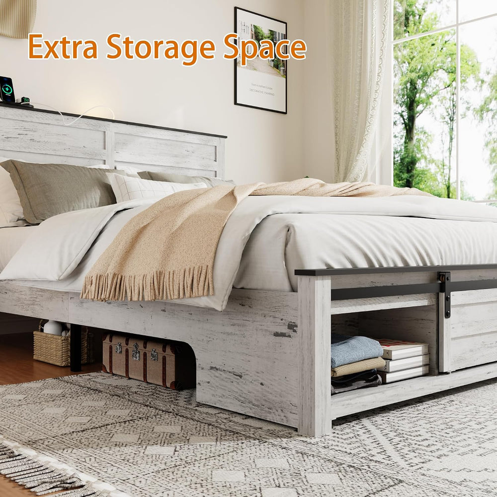 Wooden Queen Bed Frame with Headboard, Farmhouse Storage, Barn Door