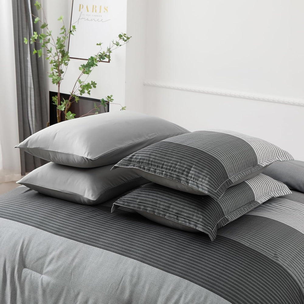 Grey Full Size Comforter Set, 7 Pieces Striped Bed in a Bag with Sheets