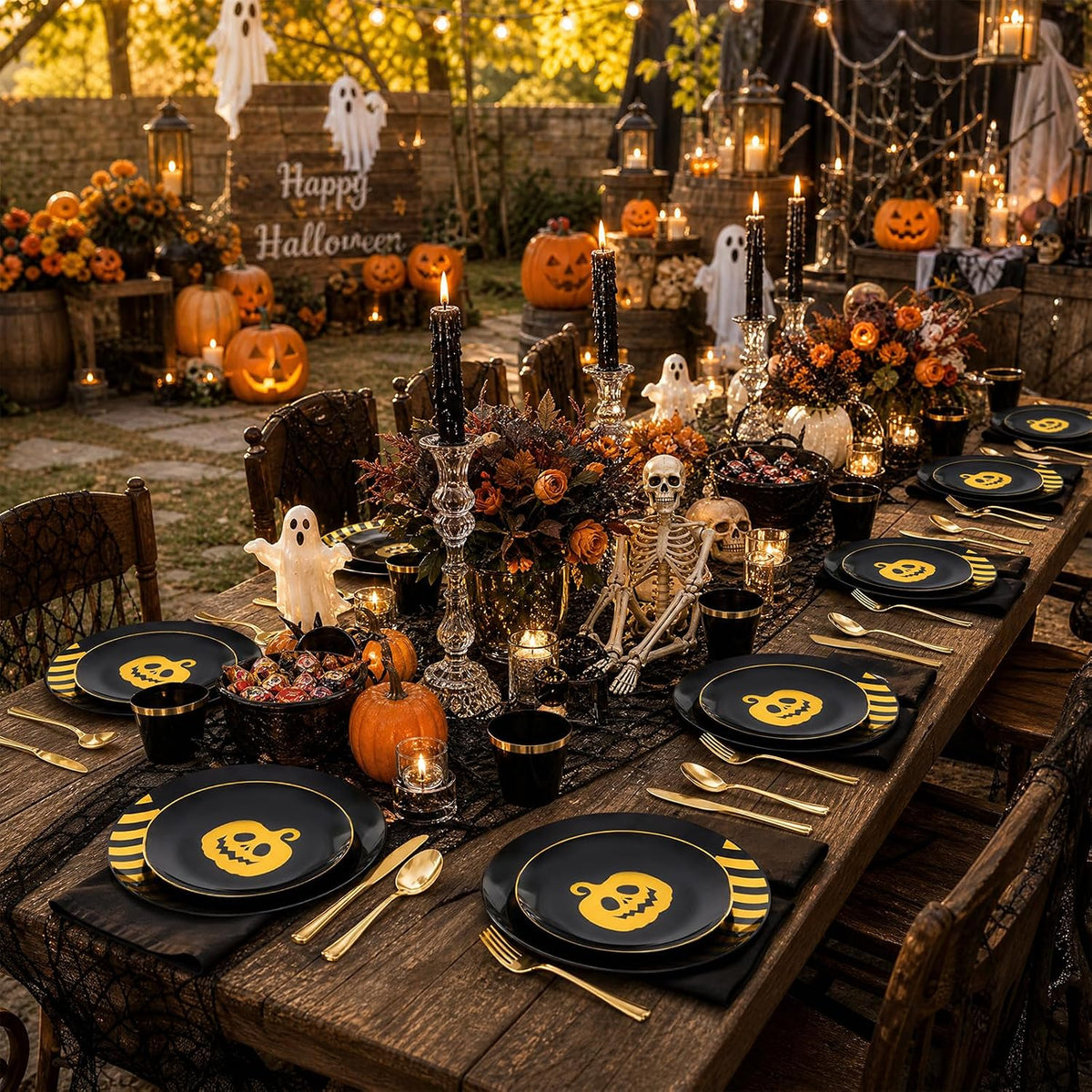 KIRE 25 Guest Halloween Plates Black Gold Plastic Plates Smiley Pumpkin include 50PCS Black &150PCS Gold Plastic Silverware&25PCS Clear Black Cups for Halloween Party