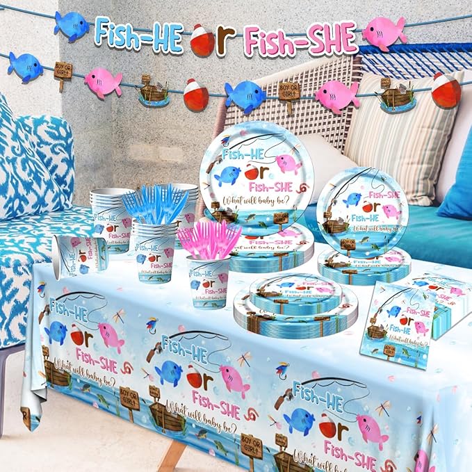 GREHUMOR Gone Fishing Gender Reveal Party Tableware 142Pcs Fish She or Fish He - Image 5