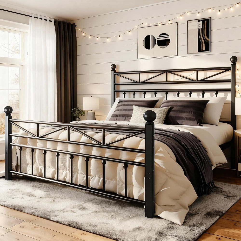 EnHomee Victorian Metal Queen Size Bed Frame,Black, 54-Inch Tall Headboard