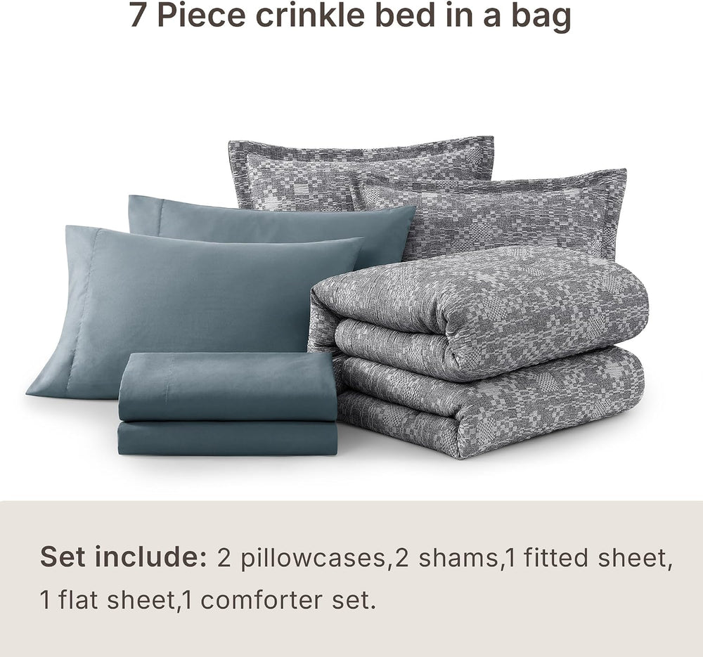 MaiRêve King Size Comforter Set Crinkle Textured Navy Bedding Set 7 Pieces