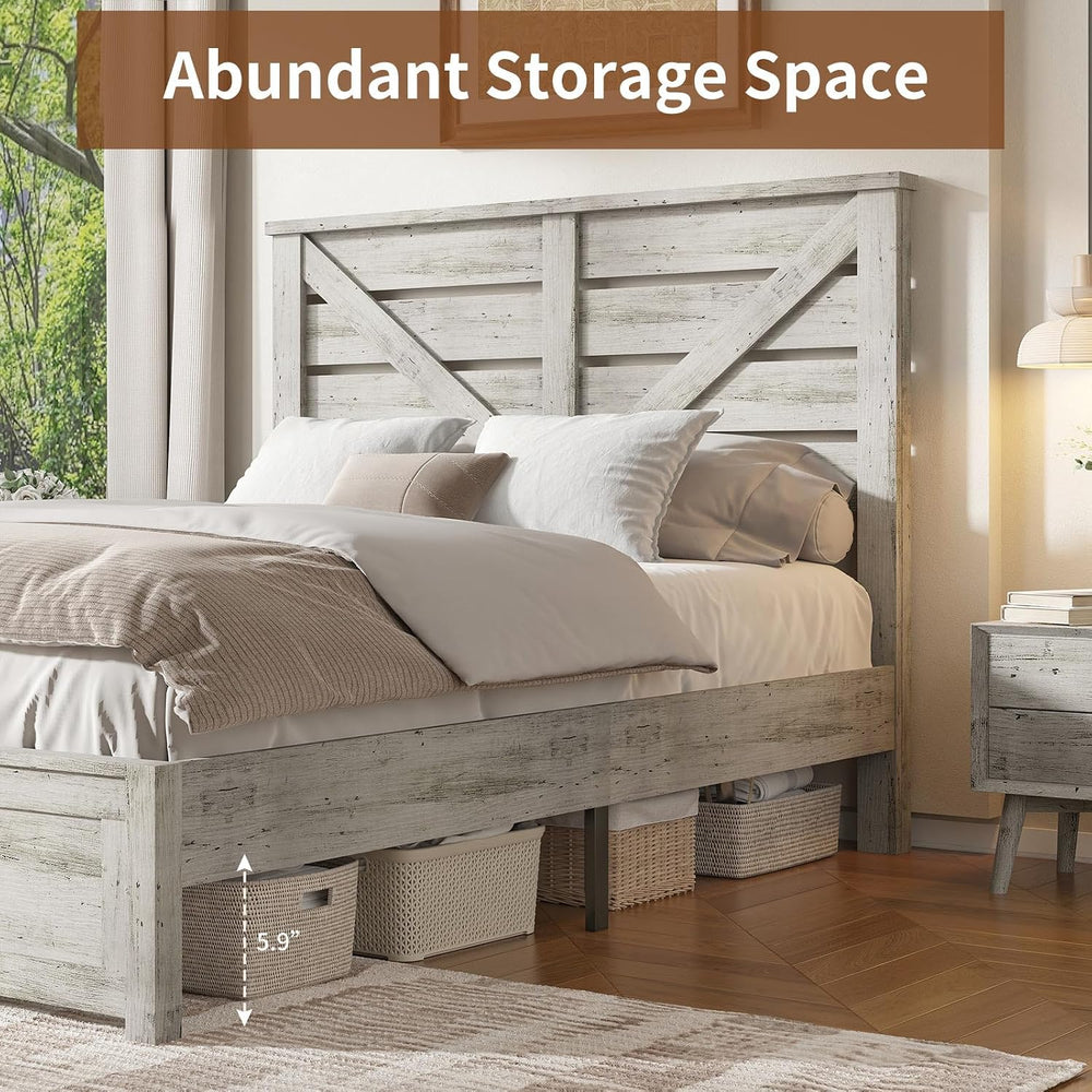 LUXOAK Queen Size Farmhouse Wooden Bed Frame with 49.2" Headboard, White