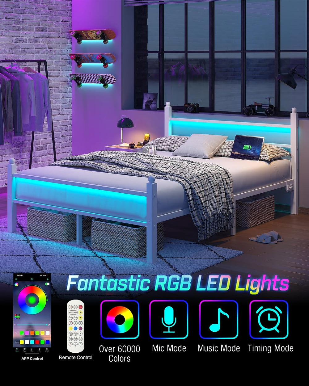 CollaredEagle Full Bed Frame with LED Lights and Charging Station, White