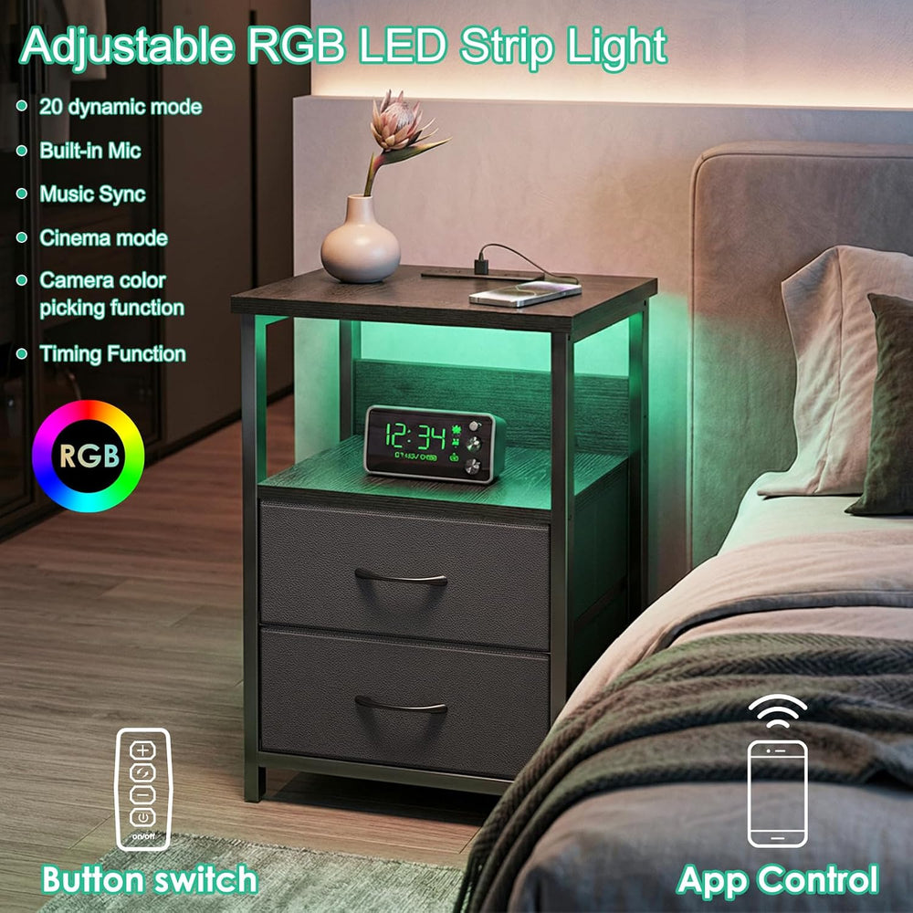 Fixwal Night Stand with Charging Station, Black Led Nightstand, 2 Drawers