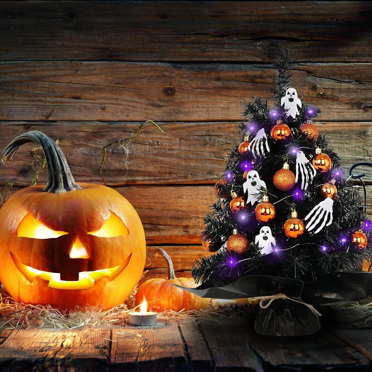 20" Mini Halloween Tree Black Tree Artificial Mini Halloween Tree with Purple LED Lights, Orange Balls Ornaments, Skeleton Hand and Ghost Decorations for Halloween Tabletop Decoration