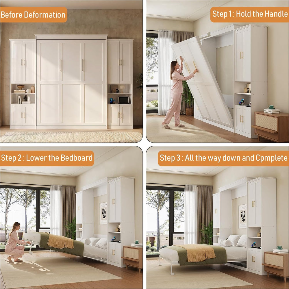 Murphy Bed Queen with 2 Storage Cabinets and USB Port, White