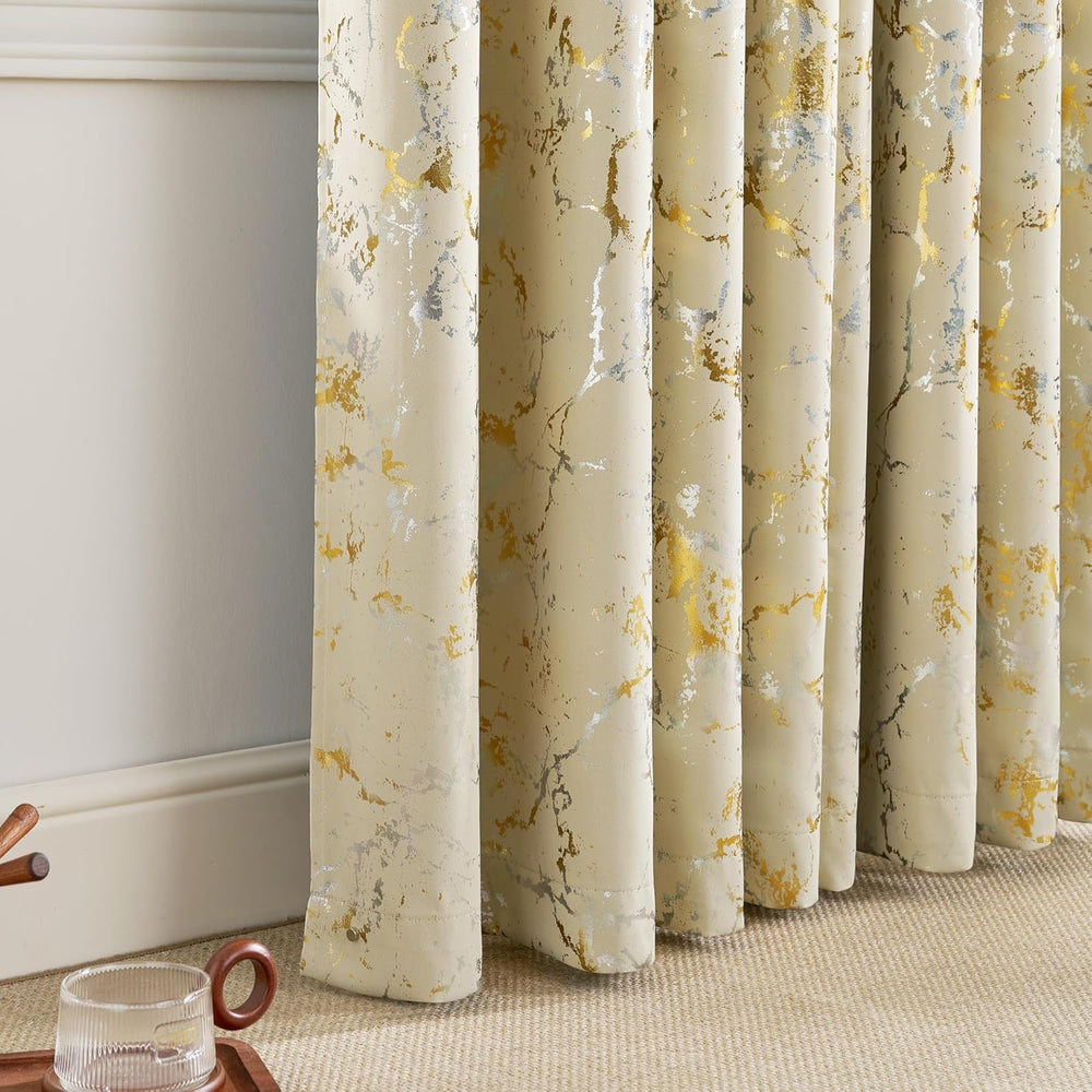 NICETOWN Sliver Gold Foil Patterned Beige Blackout Curtains 84 Inches Long