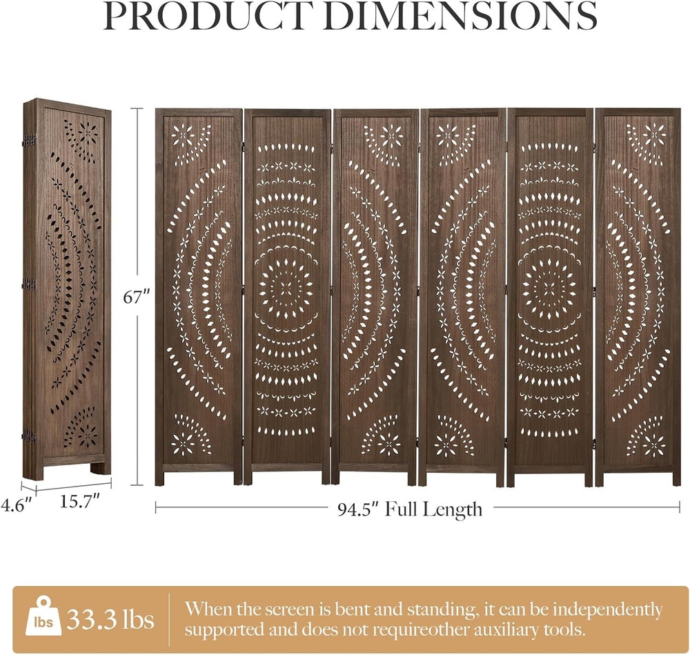 66.9Inch Folding Room Divider, 6 Panels Wood Carved Privacy Screens Free Asse...