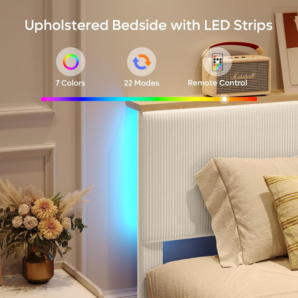Bestier Full Bed Frame with Adjustable Headboard & LED, Upholstered, Beige