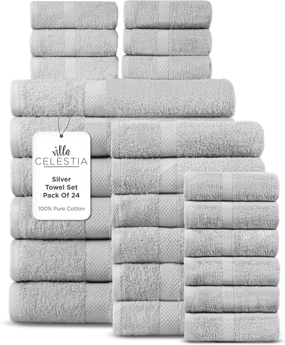 Villa Celestia 24-Piece 100% Cotton Towel Set, 6 Bath Towels, 6 Hand Towels, ...