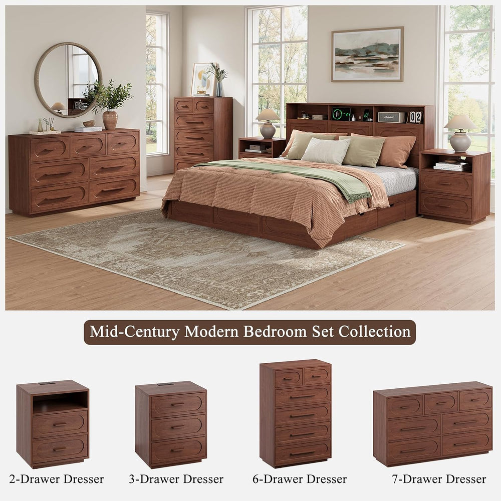 YANSNWO 25.8" Tall 2-Drawer Nightstand with Charging Station, Walnut