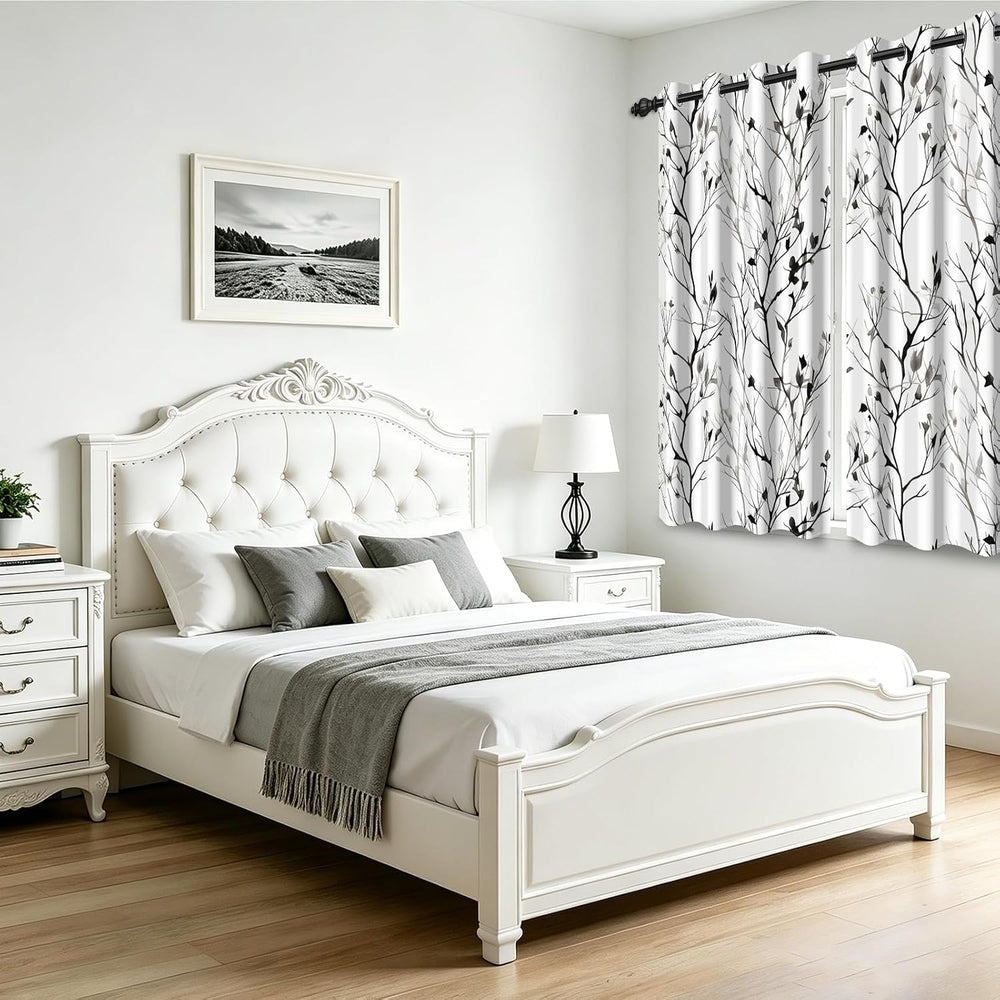 Grey Watercolor Branchs Room Darkening Curtains 63 Inches Length Black White ...