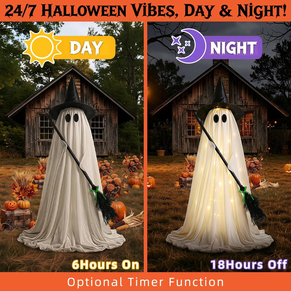 Halloween Decorations Outdoor Light Up Ghost, 53IN Witch Hat Broom Porch