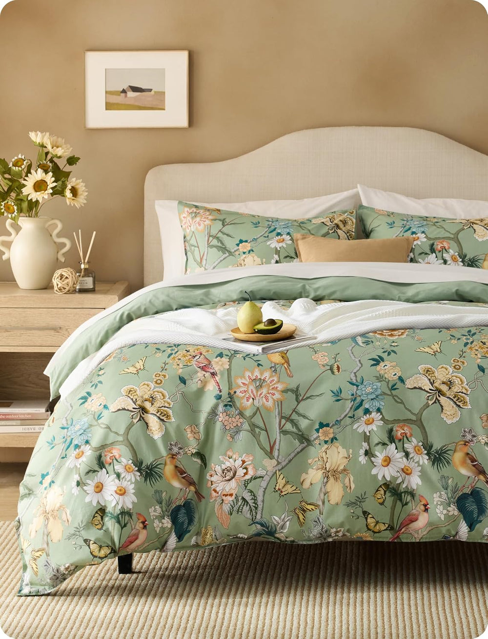 Bedsure PureWoven 100% Cotton Floral Duvet Cover Set, Queen, Green Garden