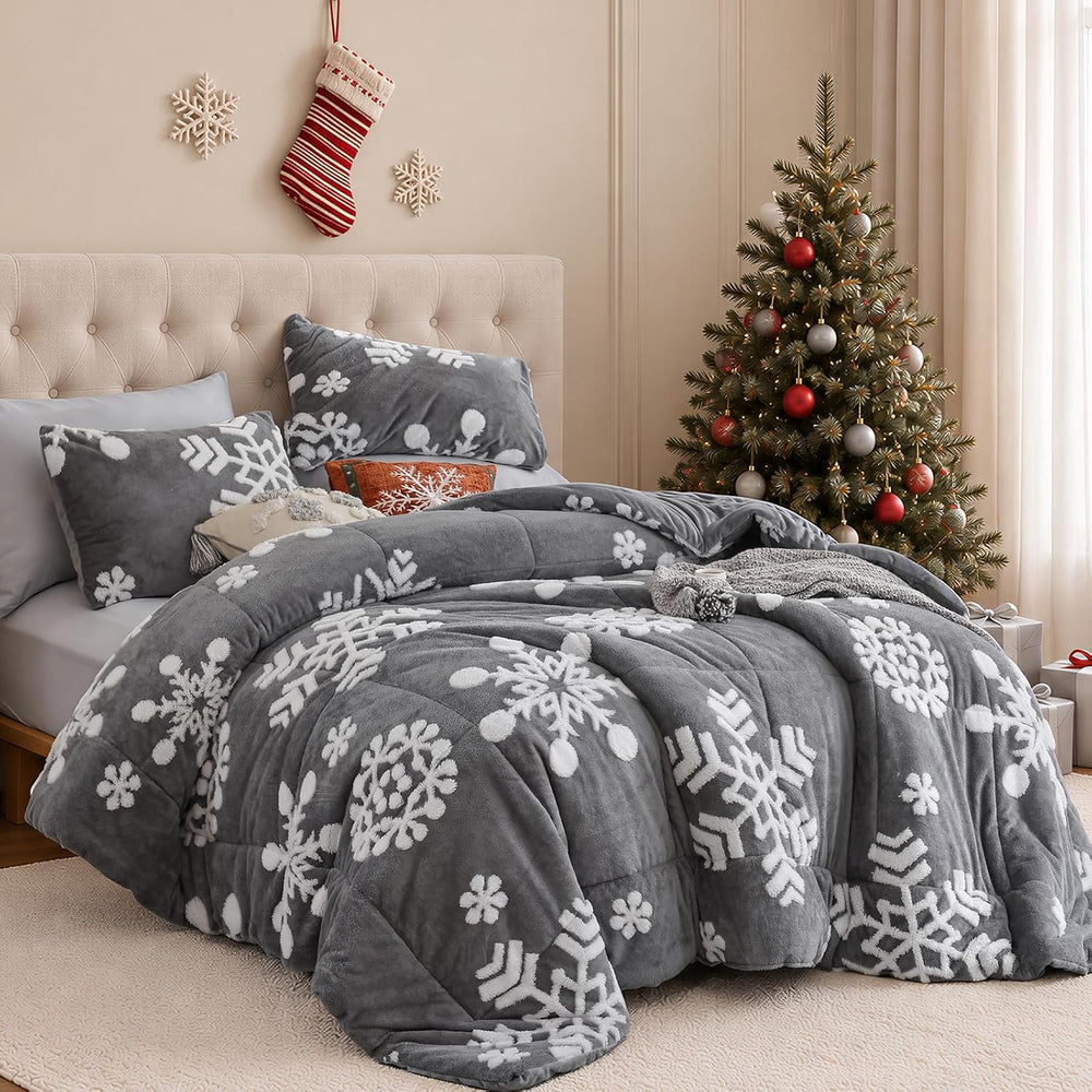 JANZAA Christmas Comforter Set Queen, Dark Grey Snowflake Christmas Bedding