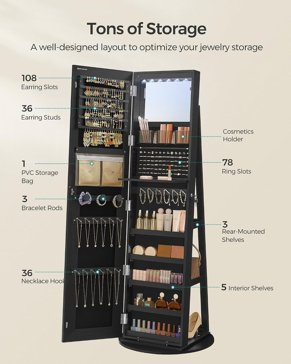 SONGMICS LED Mirror Jewelry Cabinet Standing, Adjustable Lights, Lockable