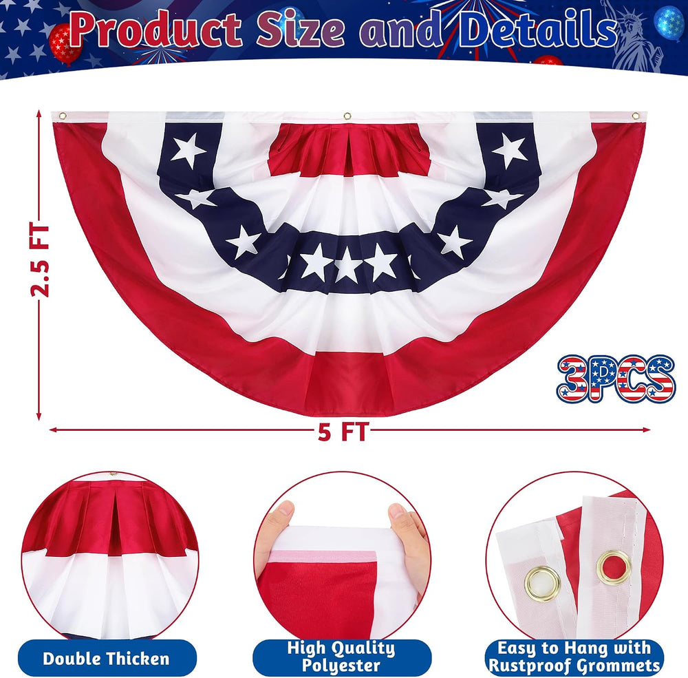 3 Pack 2.5x5 FT USA Bunting Flags Outdoor, American Pleated Fan Flag, 4th of ...