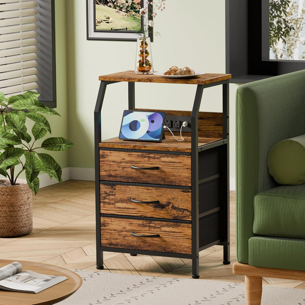 Furnulem Night Stand with Charging Station, 3 Fabric Drawers Bedside Table
