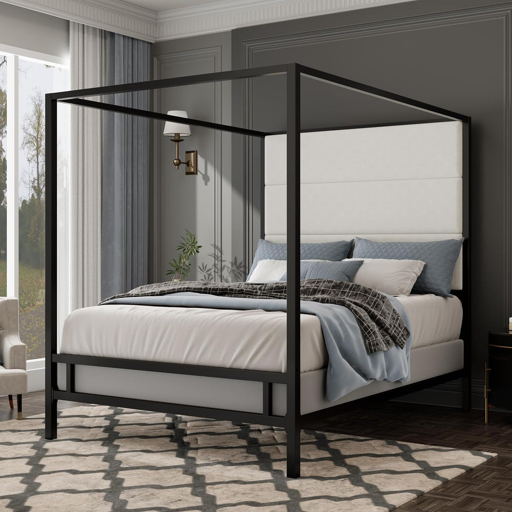 Merax Queen Size Metal Canopy Bed Frame, Modern Tall Upholstered Velvet Headb...