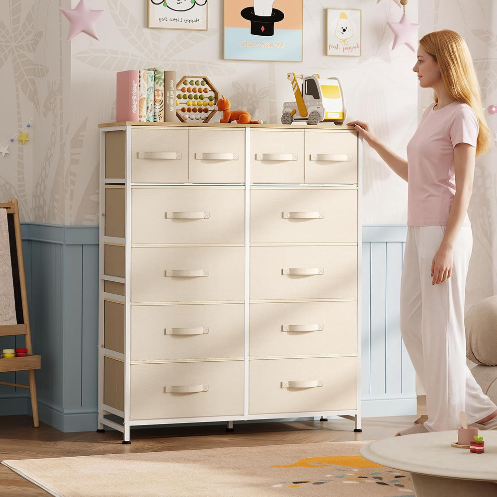 WLIVE Beige Fabric Bedroom Dresser, 12 Drawer Dressers, Chest of Drawers