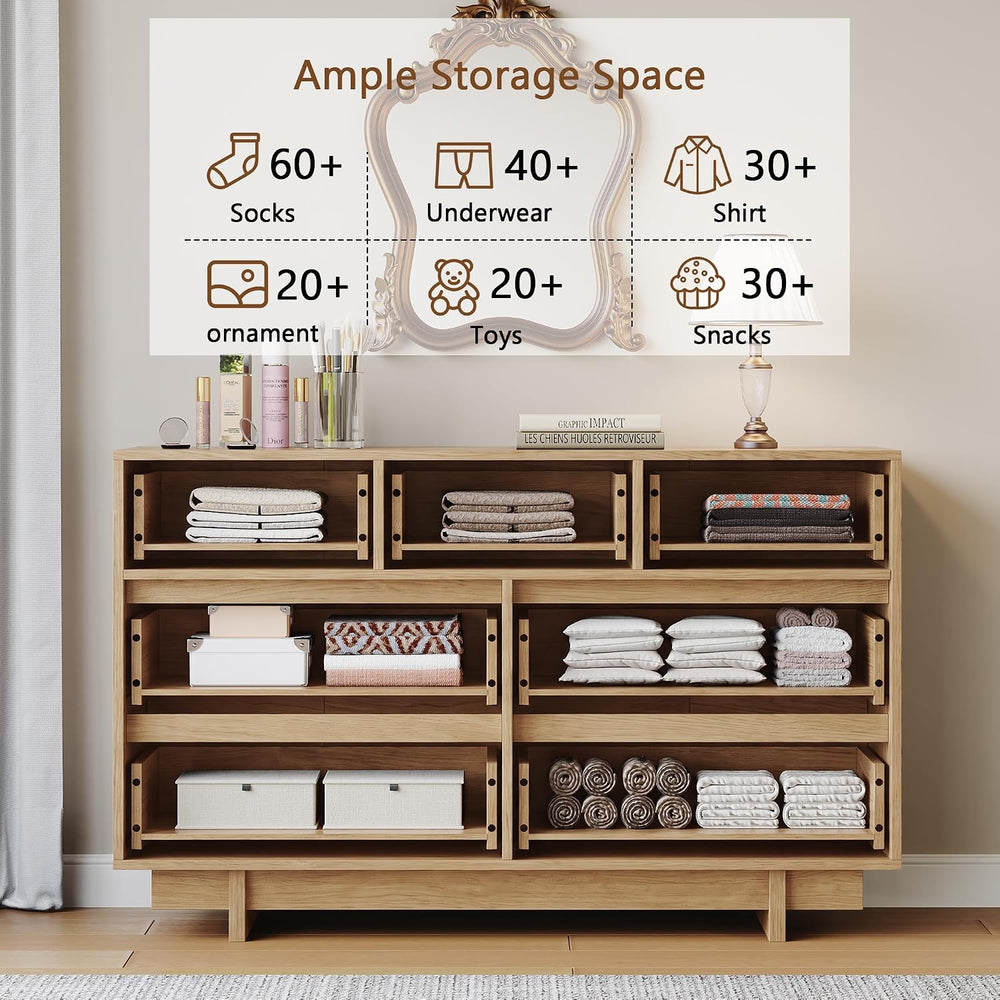 51in Oak 7 Drawer Dresser & 2 Nightstand Set, 3 Pcs Bedroom Furniture