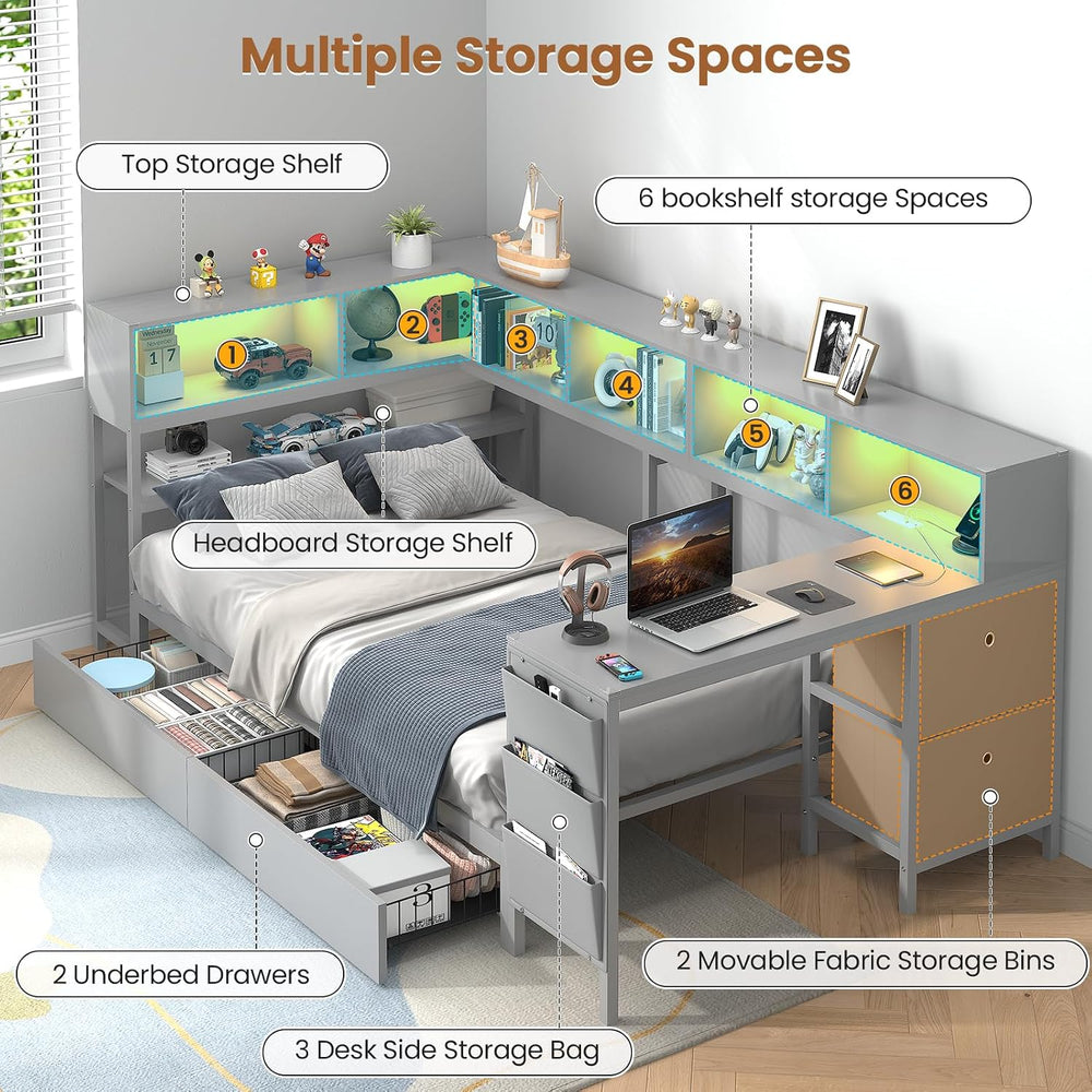 Hasuit Twin Corner Bed with Desk, Storage Bookcases, 2 Storage Drawers