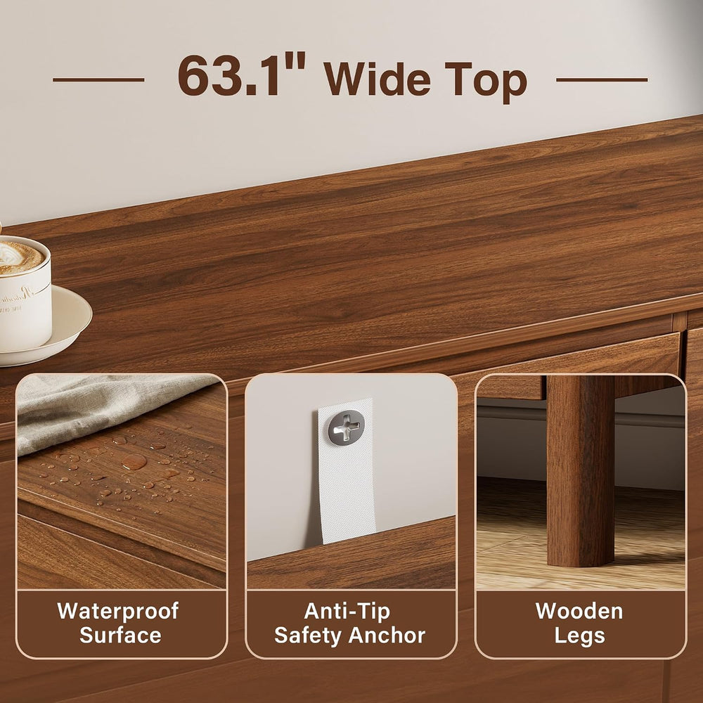 63.1" Wide 10 Drawer Wood Dresser for Bedroom with Legs, Walnut