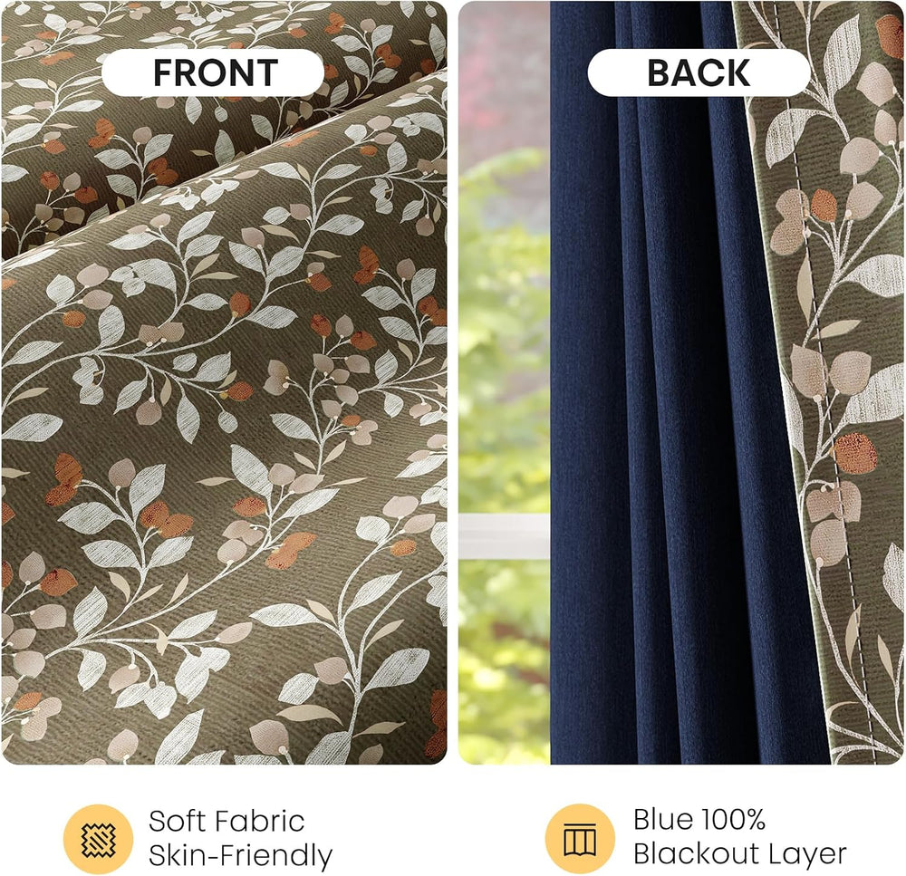 Vintage Floral Blackout Curtains Botanical Print 63 Inch 2 Panels Taupe