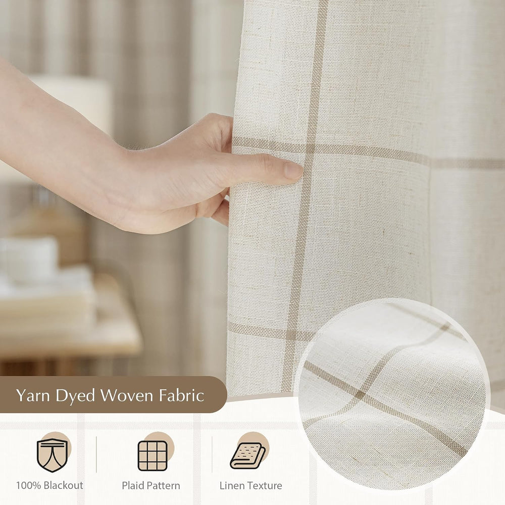 DriftAway 100% Blackout Plaid Linen Curtains 84 Inches Long 2 Panels Taupe
