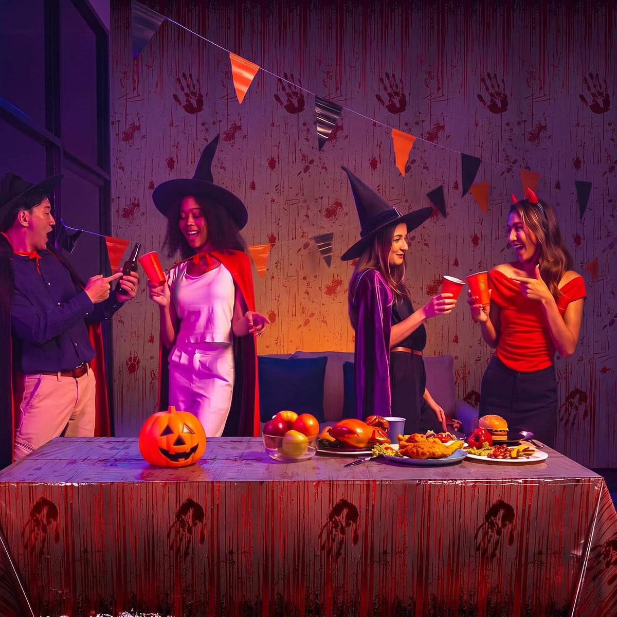 Kochorie 100 Ft x 54 Inch Halloween Bloody Party Tablecloth Roll with Cutter Box Waterproof Plastic Horror Bloody Zombie Table Cover for Halloween Spooky Party Decorations, Gray