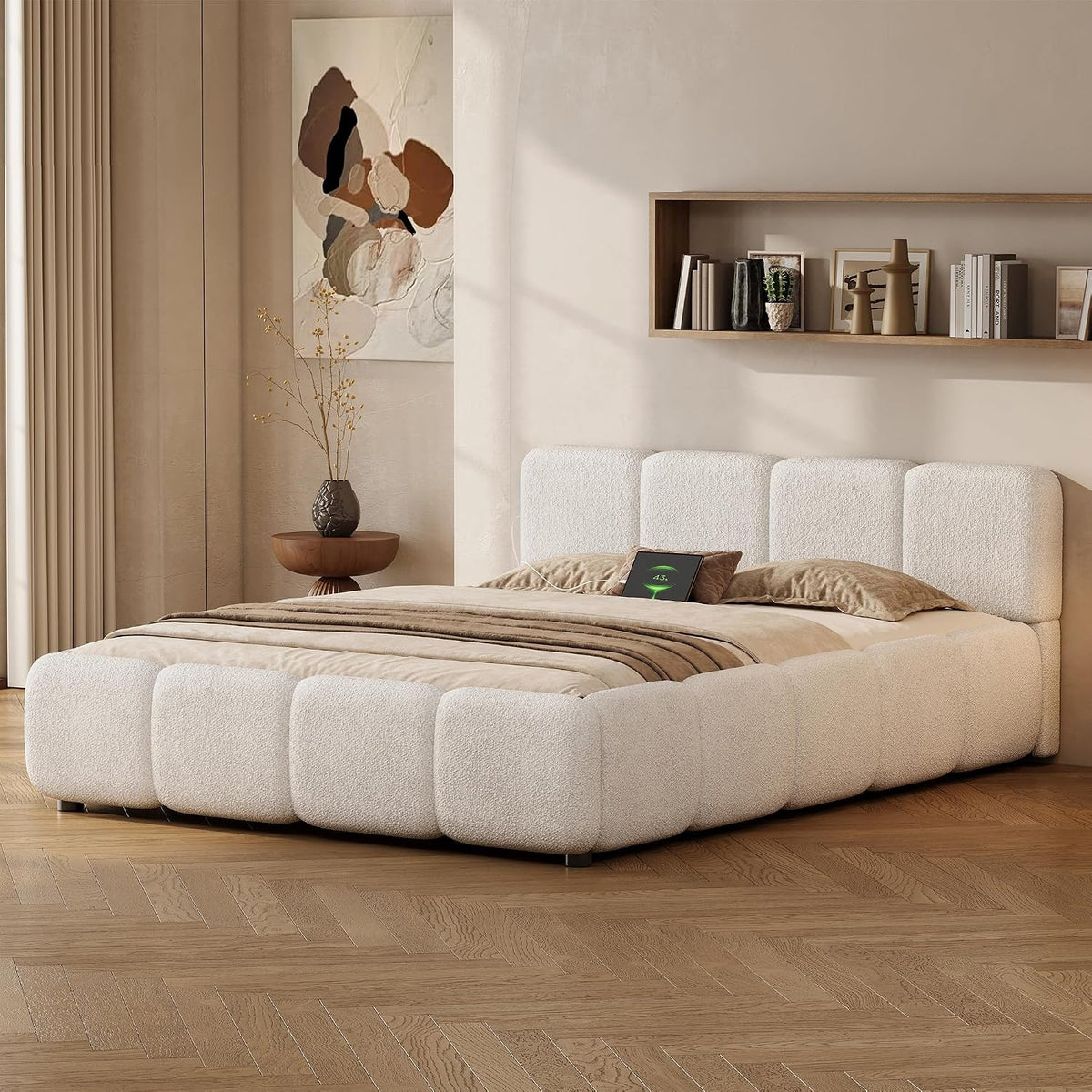 full size cloud boucle upholstered platform bed frame on a desk or shelf